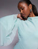 long sleeve high neck maxi dress with ruffle godets and flute sleeves in teal