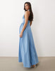 crepe halter maxi dress with gathered sides in baby blue