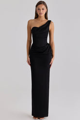 black satin one shoulder maxi dress