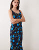 scoop neck fishtail godet midi sundress in black floral print