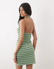 ribbed halter scoop neck mini dress in green and blue stripes
