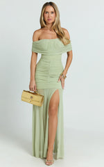 Alanna Maxi Dress - Off Shoulder Ruched Mesh Dress in Sage