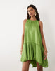 satin mini racer dress with asym bubble hem in green