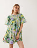 crew neck shirred smock mini dress in green floral print