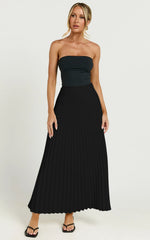 Harlee Midi Skirt - Pleated High Waist A Line Skirt in Black