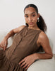 Brave Soul slash neck button down dropped waist mini dress in brown