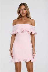 Glimmering Noir Off Shoulder Lace Mini Dress Pink