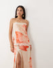 bias cut double layer lace appliqué satin cami maxi dress in orange oversized floral print