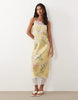 satin high neck cami midi dress with lace trims in yellow floral print