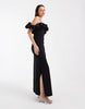 Object extreme off the shoulder satin ruffle trim maxi dress in soft black
