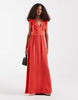 Vero Moda Easy Joy ruffle shoulder plunge front midi dress in coral