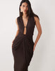 plunge neck gather detail mesh maxi dress in chocolate