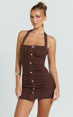 Julie Mini Dress - Halter Neck Button Front Bodycon Dress in Brown