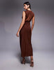 satin high neck pleated bodice midi dress in light brown