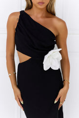 Midnight Lotus One Shoulder Maxi Dress Black
