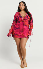 Alesya Mini Dress - Ruffle Plunge Neck Long Sleeve Tie Detail Dress in Adeana Print