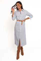 Caprice Long Sleeve Button Down Maxi Dress - Blue Stripe
