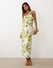 YAS one-shoulder satin maxi dress in blue and green floral print