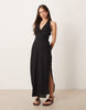 cotton linen blend halter neck midi sundress with sculpted bust in black