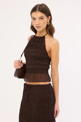 Luck & Trouble Marisole Halter Gathered Tie Top Brown