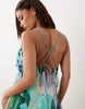 Petite bias cut scoop neck low back satin mini dress in blue & red abstract floral