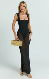 Morgana Maxi Dress - Mesh Square Neck Cap Sleeve Sheer Dress in Black