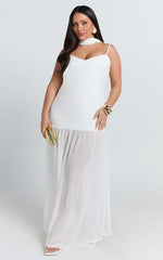 Calvin Maxi Dress - Linen Look Contrast Georgette Skirt with Neck Scarf in White