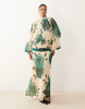 Curve high neck draped chiffon maxi dress with neck tie in green floral print