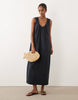 ruched plunge barrel midi dress in navy