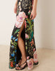 Hope & Ivy satin cowl neck open tie back thigh slit maxi dress in black floral print