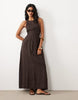 premium 100% linen waisted maxi dress with open back in bitter chocolate