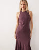 linen blend racer neck midaxi sundress with godets in plum