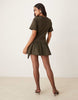 tie front t-shirt mini dress with poplin skirt in deep olive