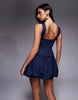 ASOS LUXE denim cross front mini dress with bubble hem skirt in indigo wash