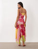 Kaiia exclusive slinky mesh scoop neck dropped waist asymmetric handkerchief hem maxi dress in pink ombré floral