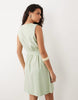 VILA linen blend wrap front mini dress with tie belt in smoke green