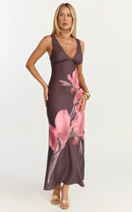 Elowen Midi Dress - Deep V Neck Satin Dress in Floral Print
