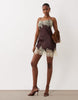 satin bias lace applique mini dress in chocolate and yellow