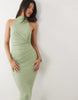 mesh twisted bust detail halter maxi dress with tie back neck in sage green