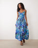 satin bias shift dress with bubble hem in blue floral