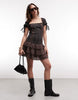 Daisy Street drop waist floral mini dress with broderie rara hem in brown and black