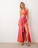 Murci halterneck cut out ruffle detail split front maxi dress in pink sunset ombre