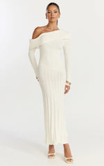 Elaine Midi Dress - Knit Off Shoulder Asymmetric Panel Dress in Cream