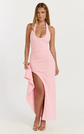 Lani Midi Dress - Scooped Neckline Draped Skirt Halter Dress in Pink