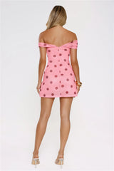 Take The Hint Off Shoulder Mesh Polka Dot Mini Dress Pink