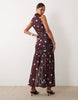 printed polka dot ruched dropped waist circle dress with grown on neck in burgundy