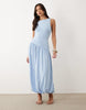 sleeveless midaxi dress with dropped seam and bubble hem in light blue