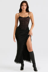 black satin lace trim midi skirt