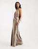 Six Stories Bridesmaids satin plunge knot detail open back maxi dress in mocha