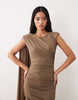 TFNC slinky sleeveless shoulder pad ruched cape detail maxi dress in olive